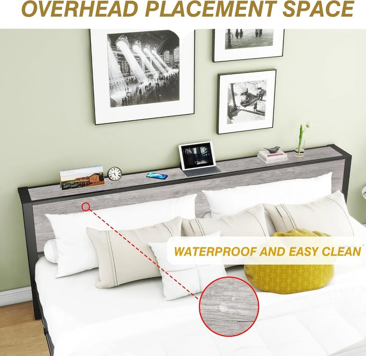 Rustic Bed Frame Storage Wooden Headboard Metal - Image 4