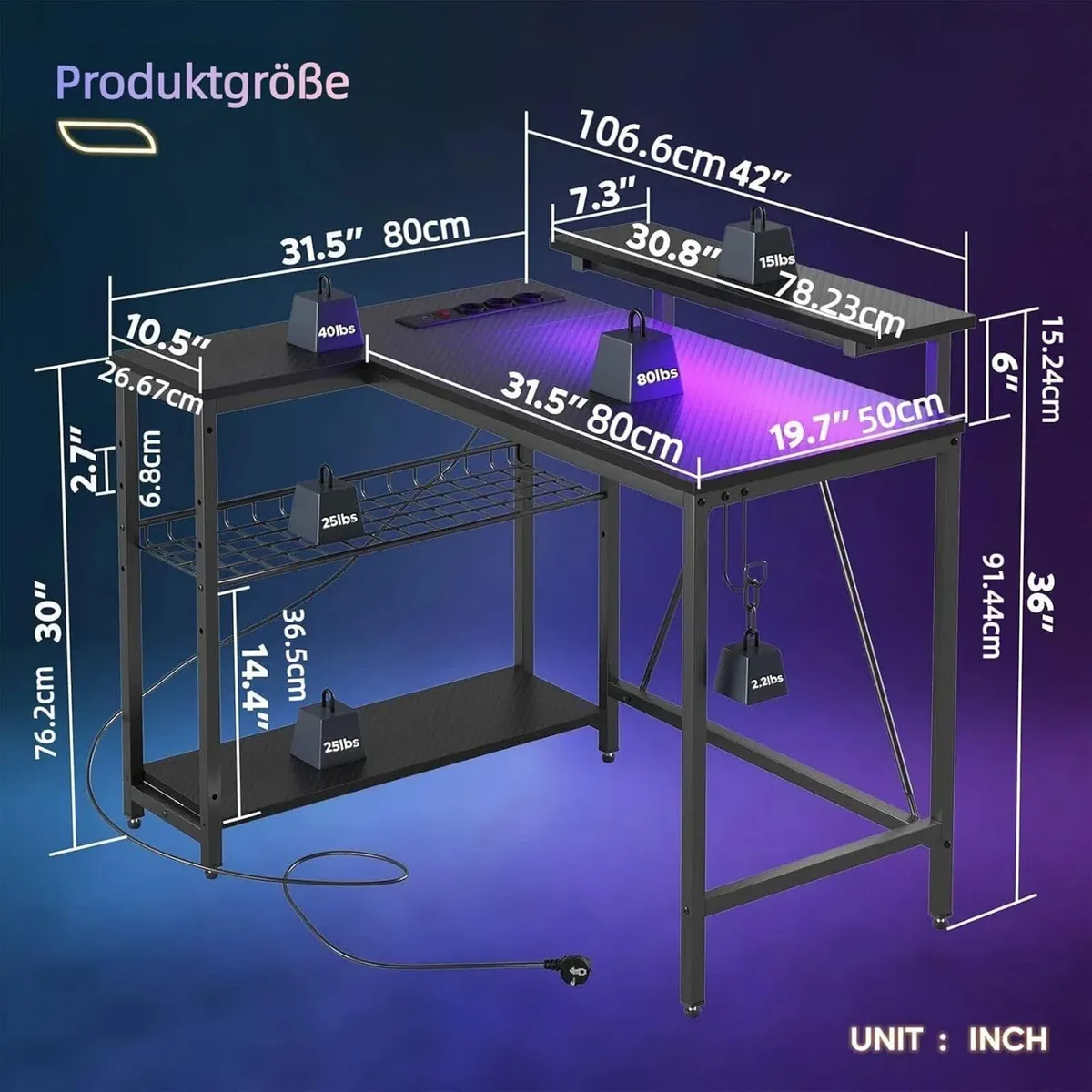 L-Shaped Gaming Desk with RGB LED Lights - Image 3