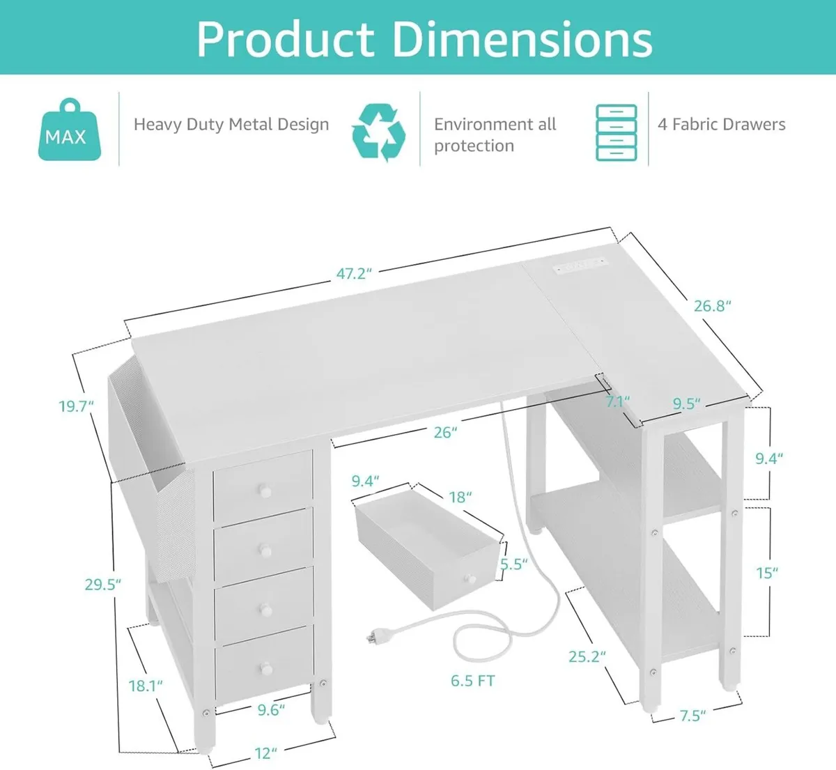 L Shaped Computer Desk with Drawers Storage - Image 3