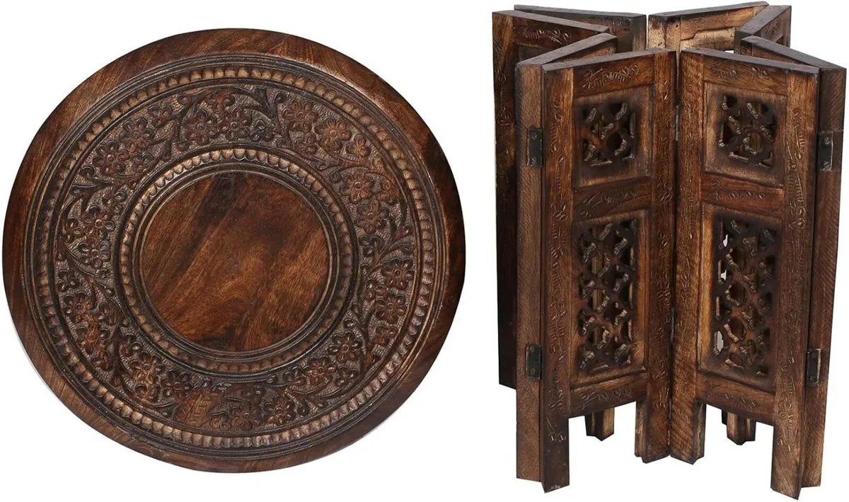 Beautiful Round Hand Carved Indian Wooden Coffee - Image 4