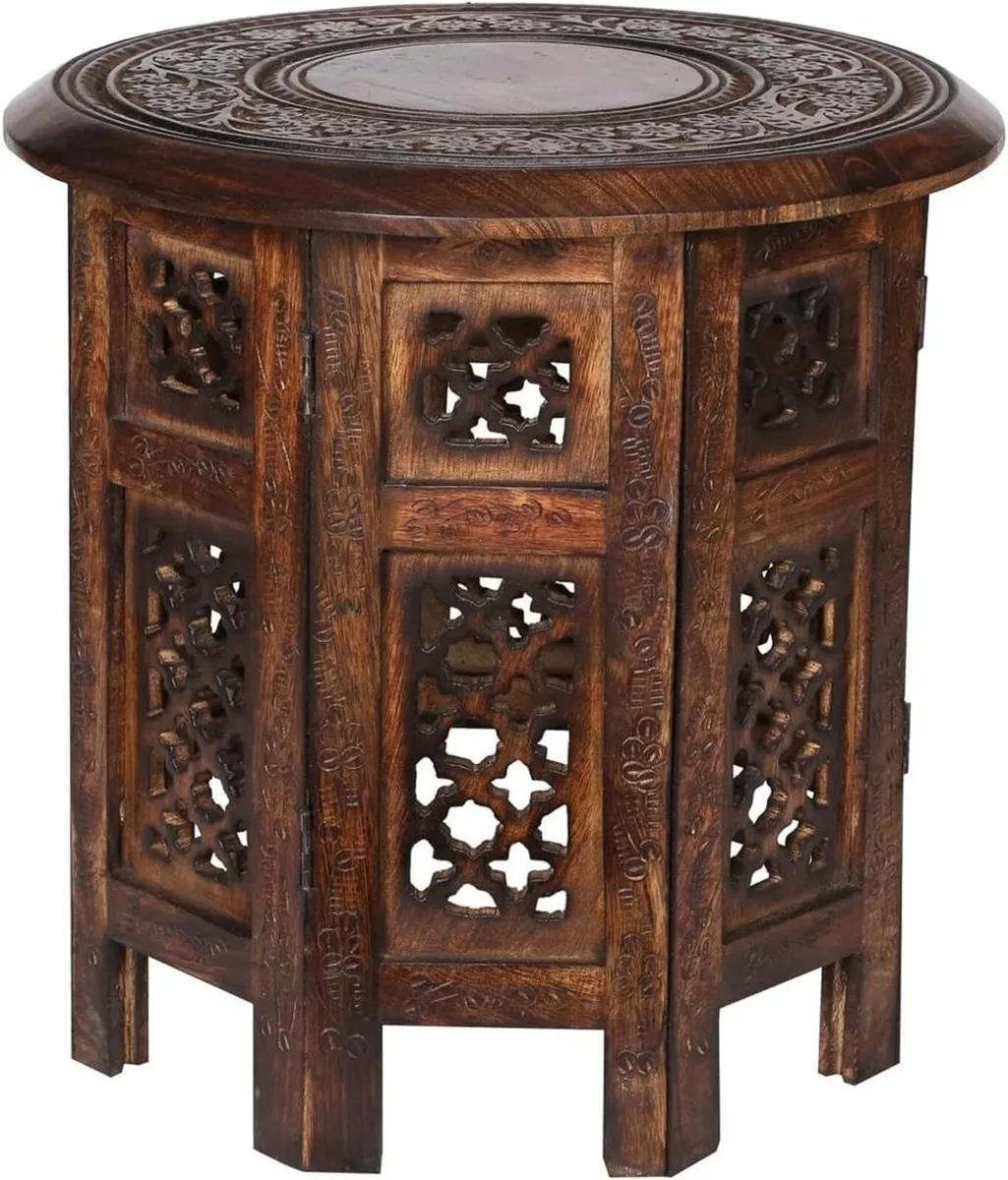 Beautiful Round Hand Carved Indian Wooden Coffee - Image 2