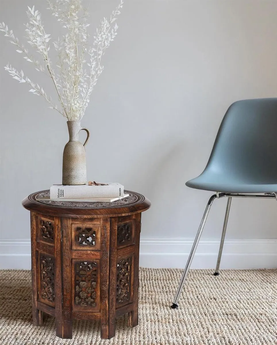 Beautiful Round Hand Carved Indian Wooden Coffee - Image 3