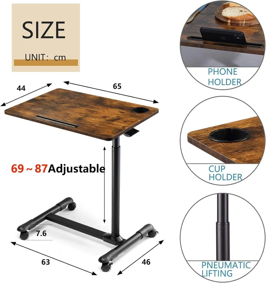 Mobile Overbed Table Height Adjustable with Wheels - Image 3