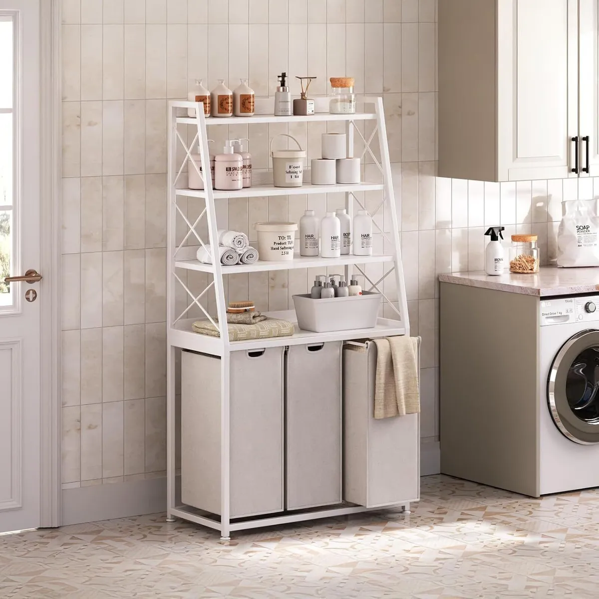 180L Laundry Basket 3 Compartments Hamper with 4 - Image 2