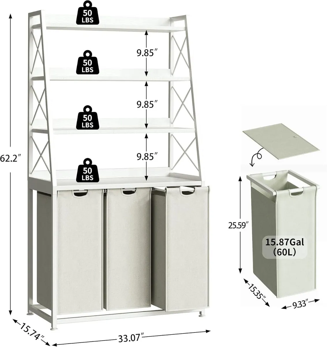 180L Laundry Basket 3 Compartments Hamper with 4 - Image 3