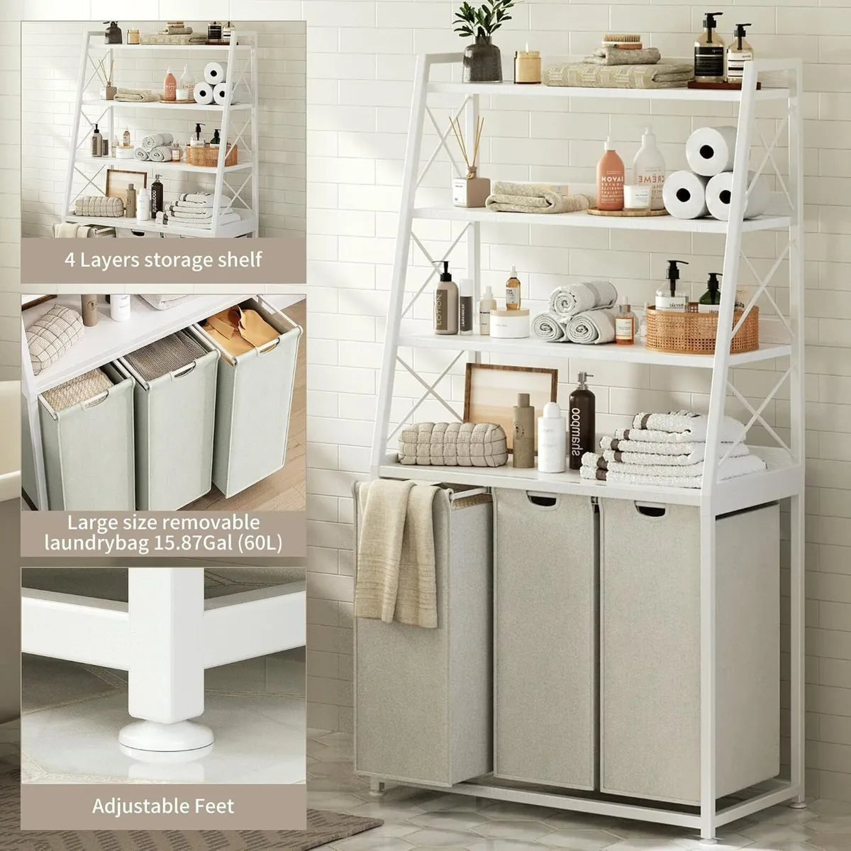 180L Laundry Basket 3 Compartments Hamper with 4 - Image 4