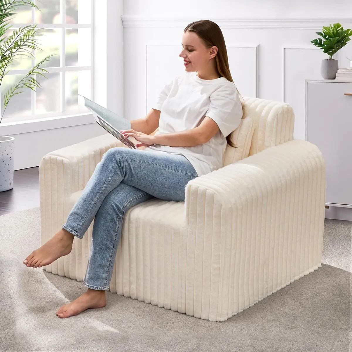 Single Foam Sofa with Pillows Comfy Furry Couch - Image 1