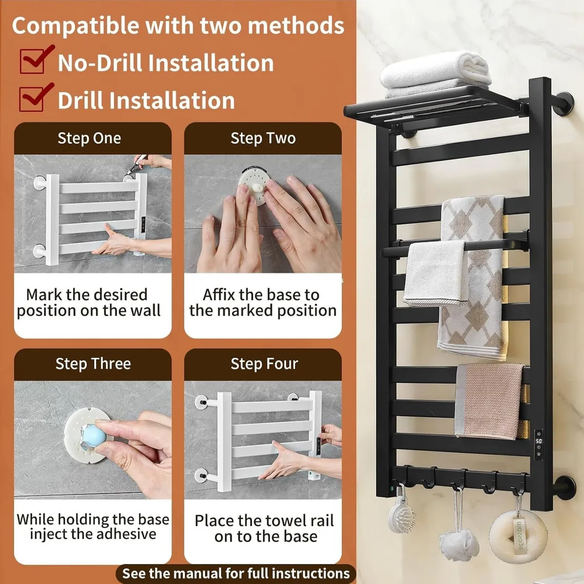 Towel Rail Self-Adhesive Wall Mounted 10 Bar - Image 2