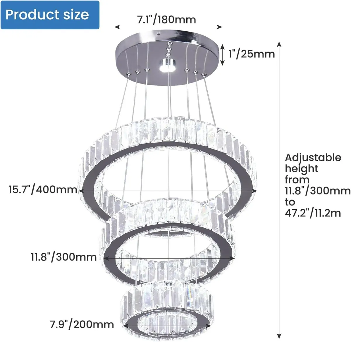 Adjustable 3 Ring Crystal Pendant Chandelier Cool - Image 3