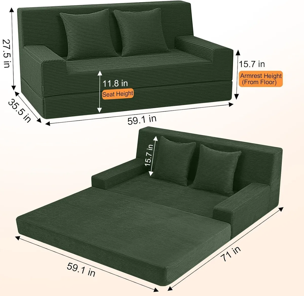 Convertible Sofa Bed Corduroy Floor Boneless Couch - Image 2