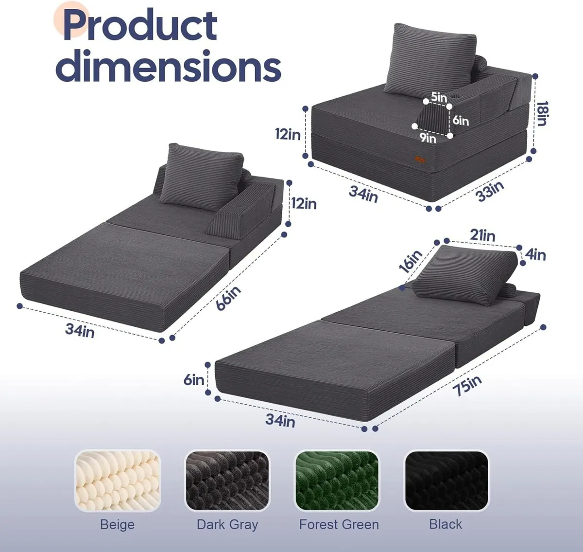 Folding Sofa Bed Convertible Boneless Couch - Image 2