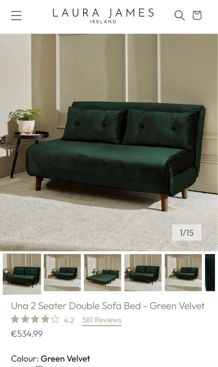 2-seater Double Sofa Bed - Green Velvet - Image 1