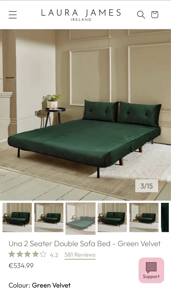 2-seater Double Sofa Bed - Green Velvet - Image 2