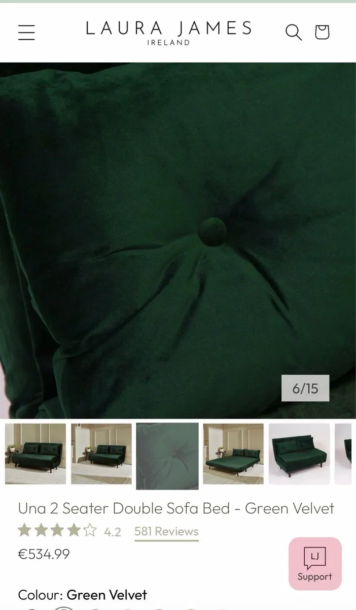 2-seater Double Sofa Bed - Green Velvet - Image 3