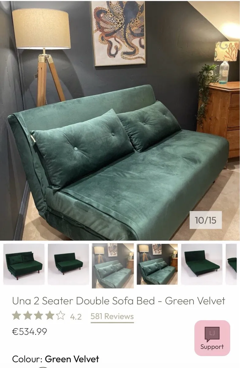 2-seater Double Sofa Bed - Green Velvet - Image 4