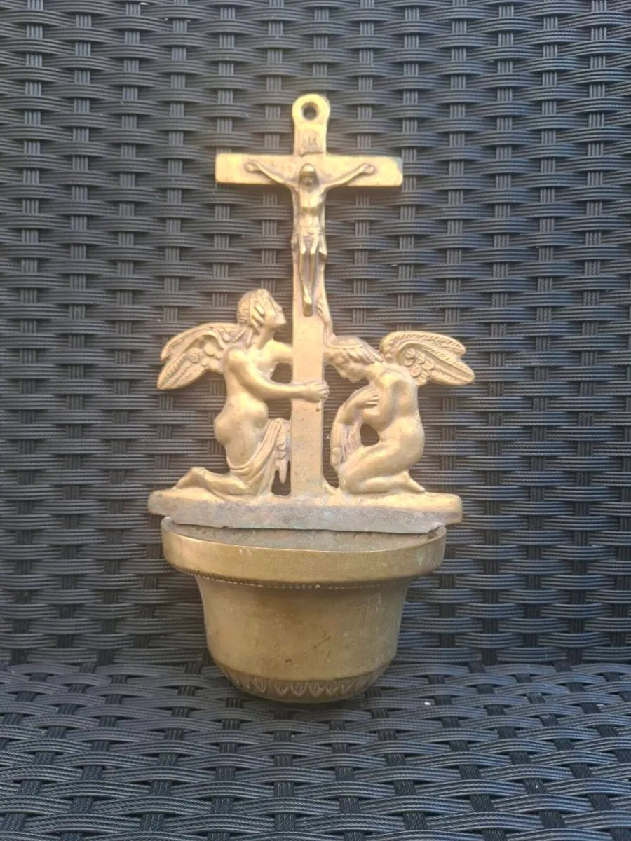 Antique solid Brass Holy Water Font Crucifix - Image 1