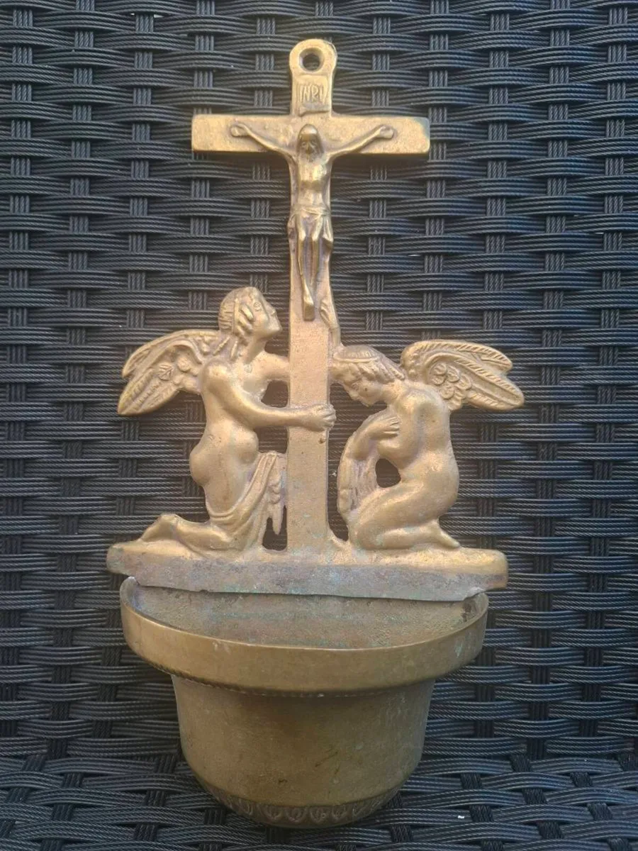 Antique solid Brass Holy Water Font Crucifix - Image 2