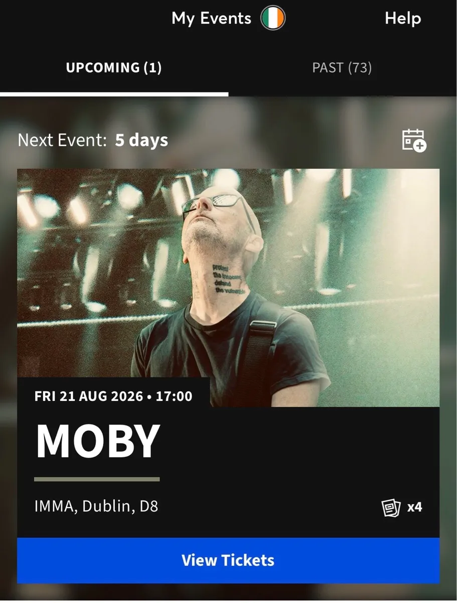 Moby tickets x 4 IMMA Fri 21st Aug(face value €80) - Image 1