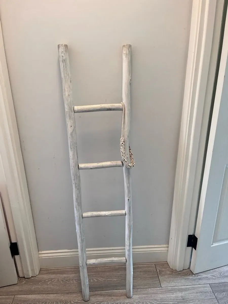 Solid Wood Whitewashed Decorative Ladder - Image 1