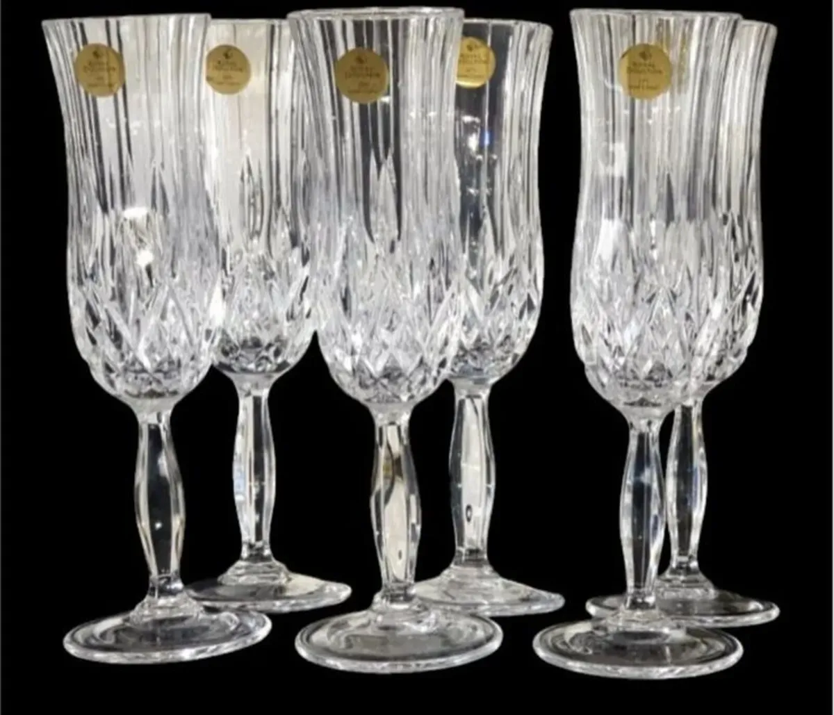 6 x Vintage Royal Doulton Crystal Champagne Flutes - Image 1