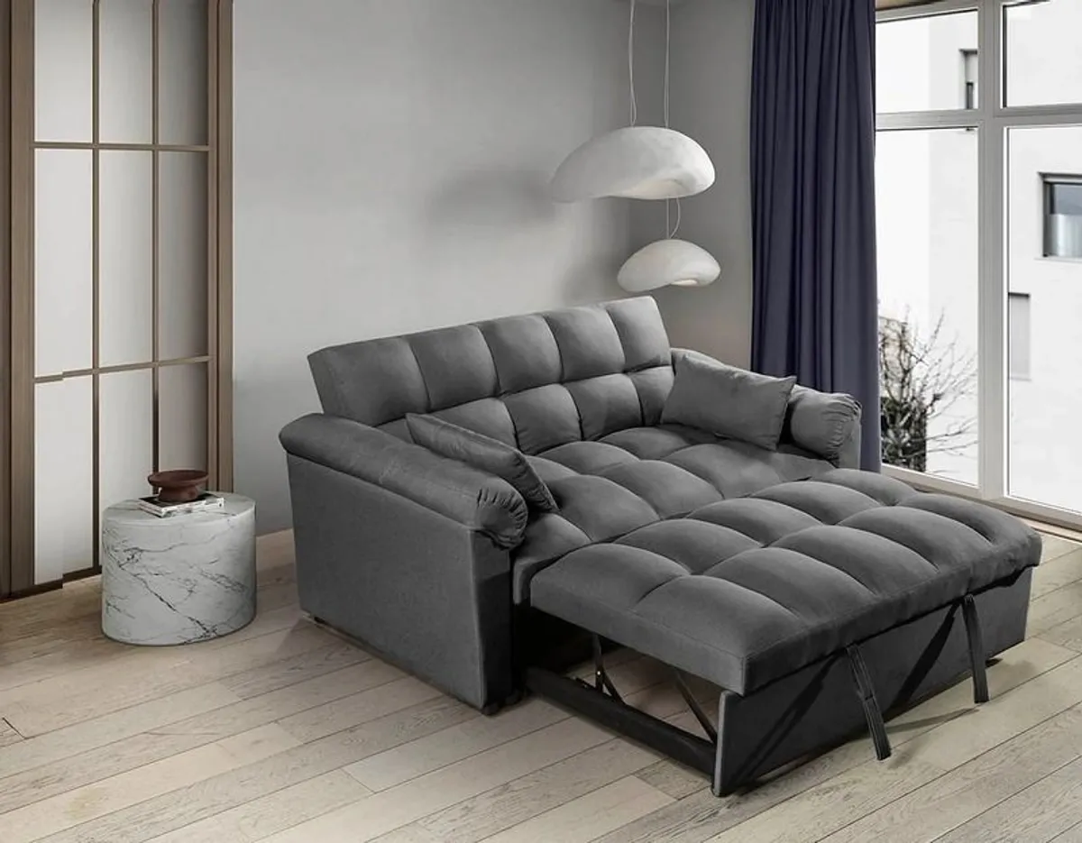 Grey pull-out fabric double sofa bed compact 2 seater sleeper for modern homes in Ireland. - Image 1