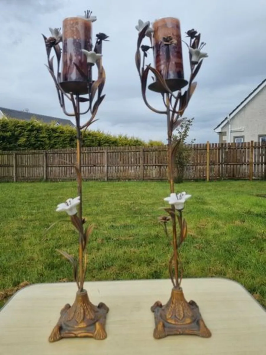 Vintage Bronze and Porcelain Floor Candleholders - Image 1