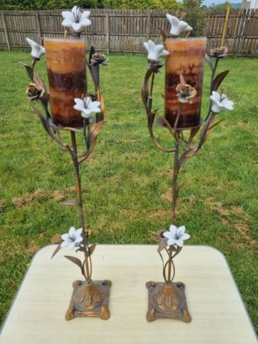 Vintage Bronze and Porcelain Floor Candleholders - Image 2