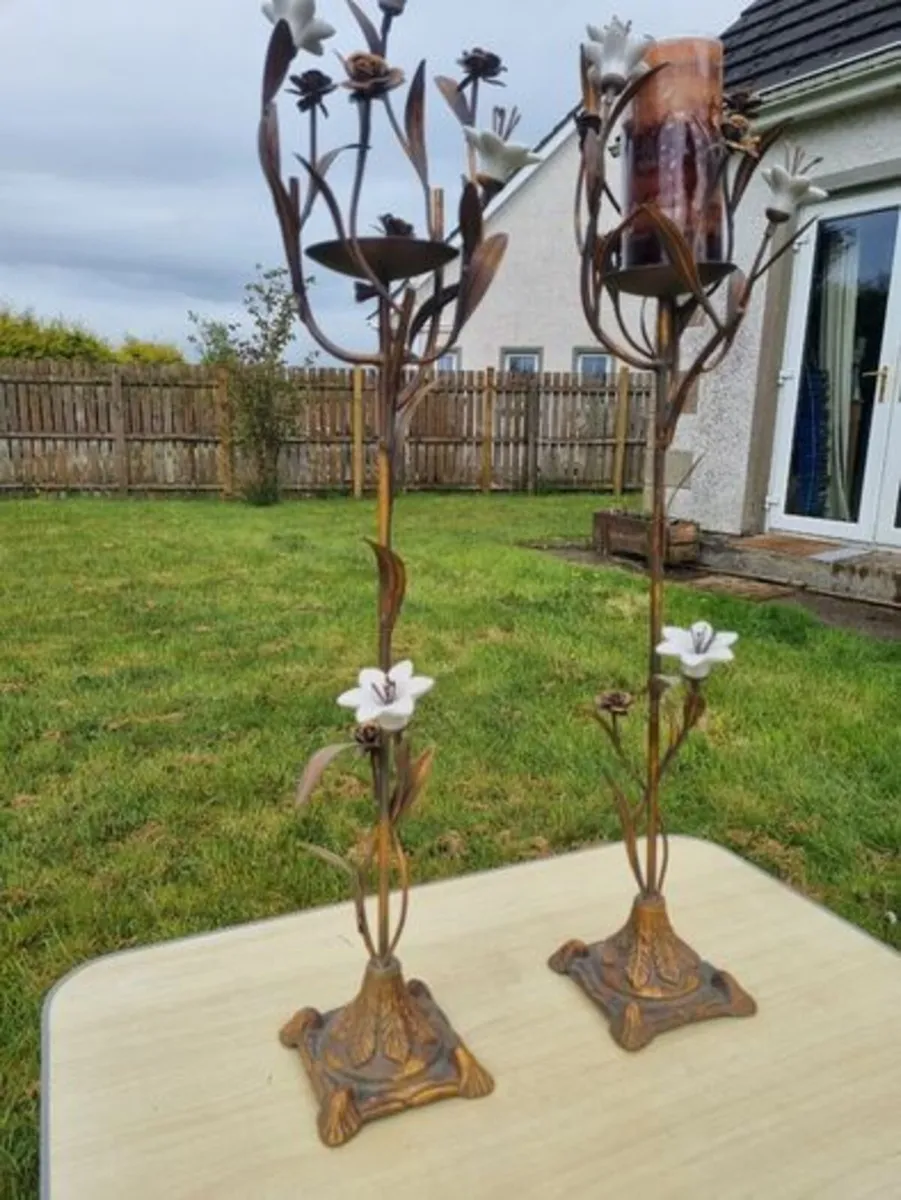Vintage Bronze and Porcelain Floor Candleholders - Image 3
