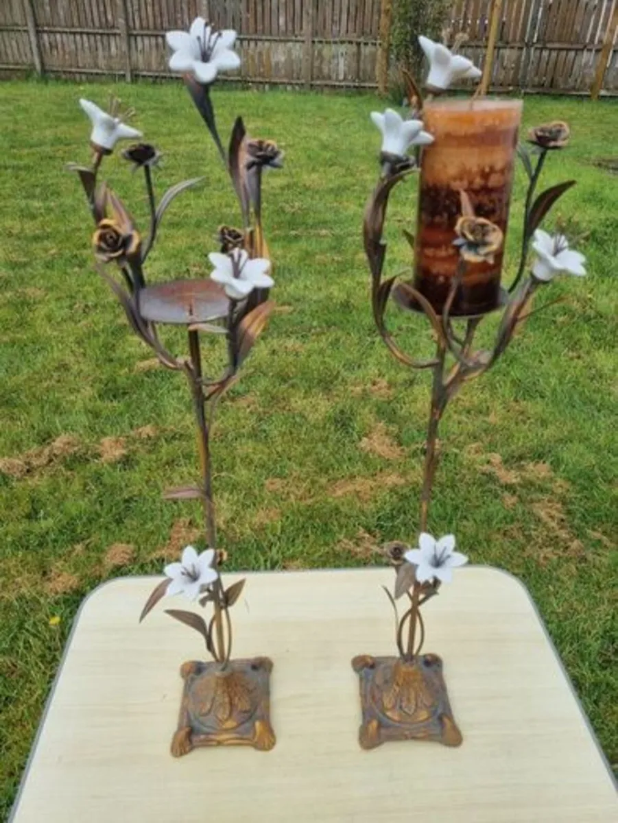 Vintage Bronze and Porcelain Floor Candleholders - Image 4