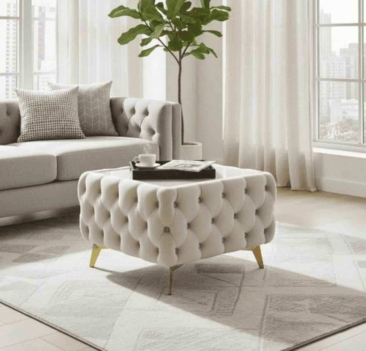 Chesterfield Velvet Square Coffee Table with Glass - Image 4