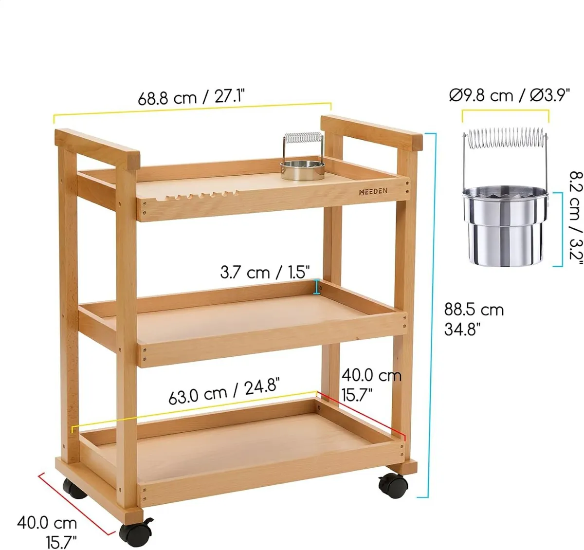 Rolling Art Supply Cart: Solid Beech Wood 3-Tier - Image 2