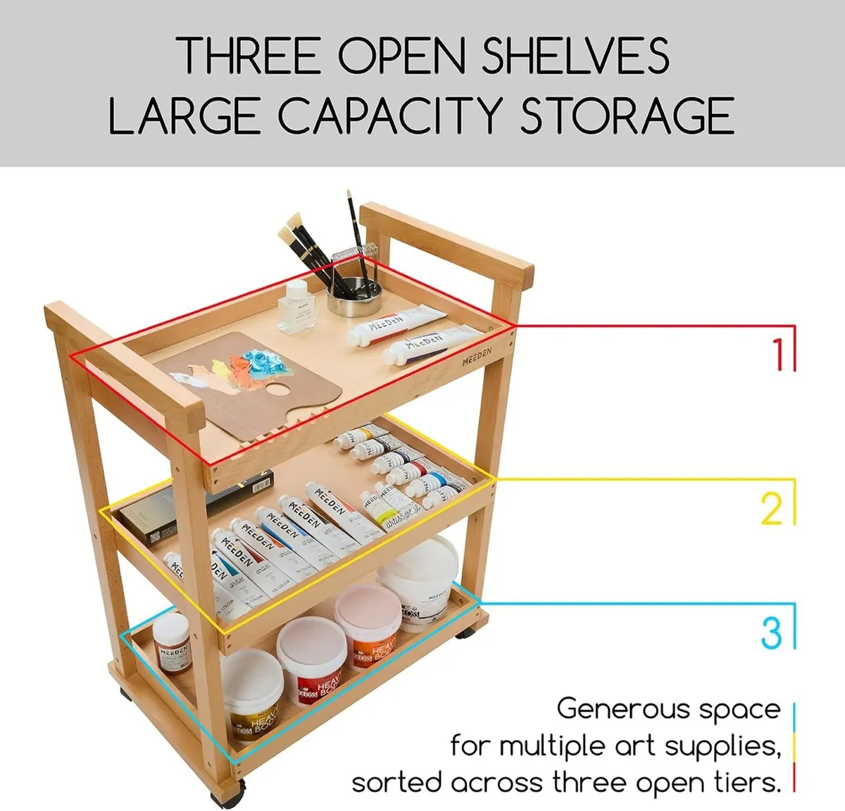 Rolling Art Supply Cart: Solid Beech Wood 3-Tier - Image 4