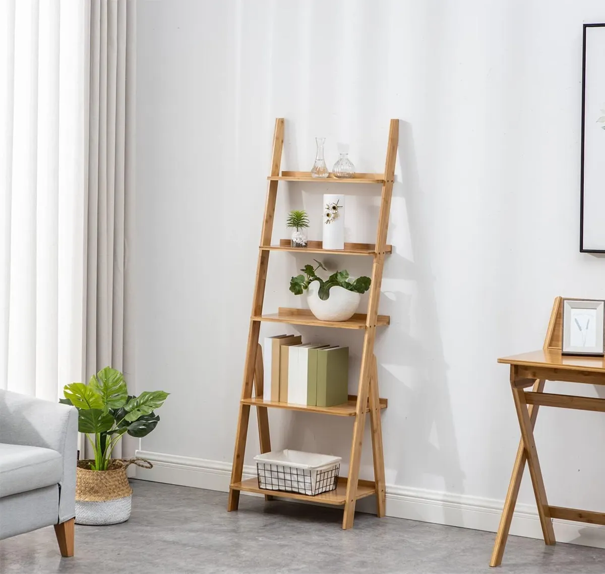 Bamboo Ladder Shelf 5-Tier Storage Rack Bookshelf - Image 2