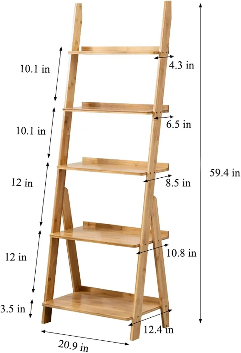 Bamboo Ladder Shelf 5-Tier Storage Rack Bookshelf - Image 3