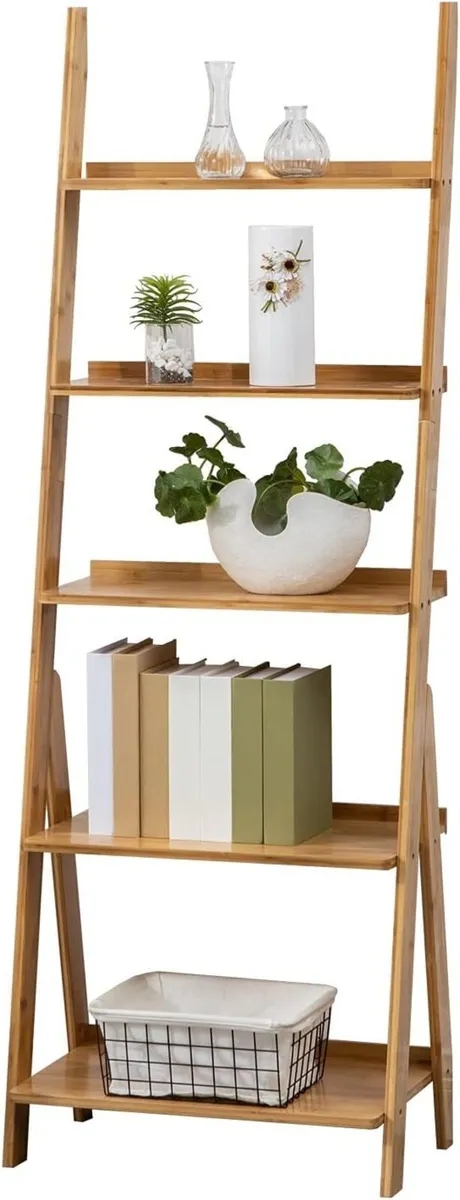 Bamboo Ladder Shelf 5-Tier Storage Rack Bookshelf - Image 1
