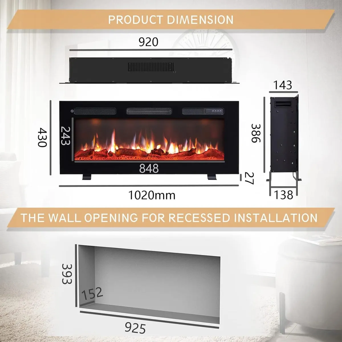 36" Wall Mounted Electric Fireplace Wilton with 2 - Image 4