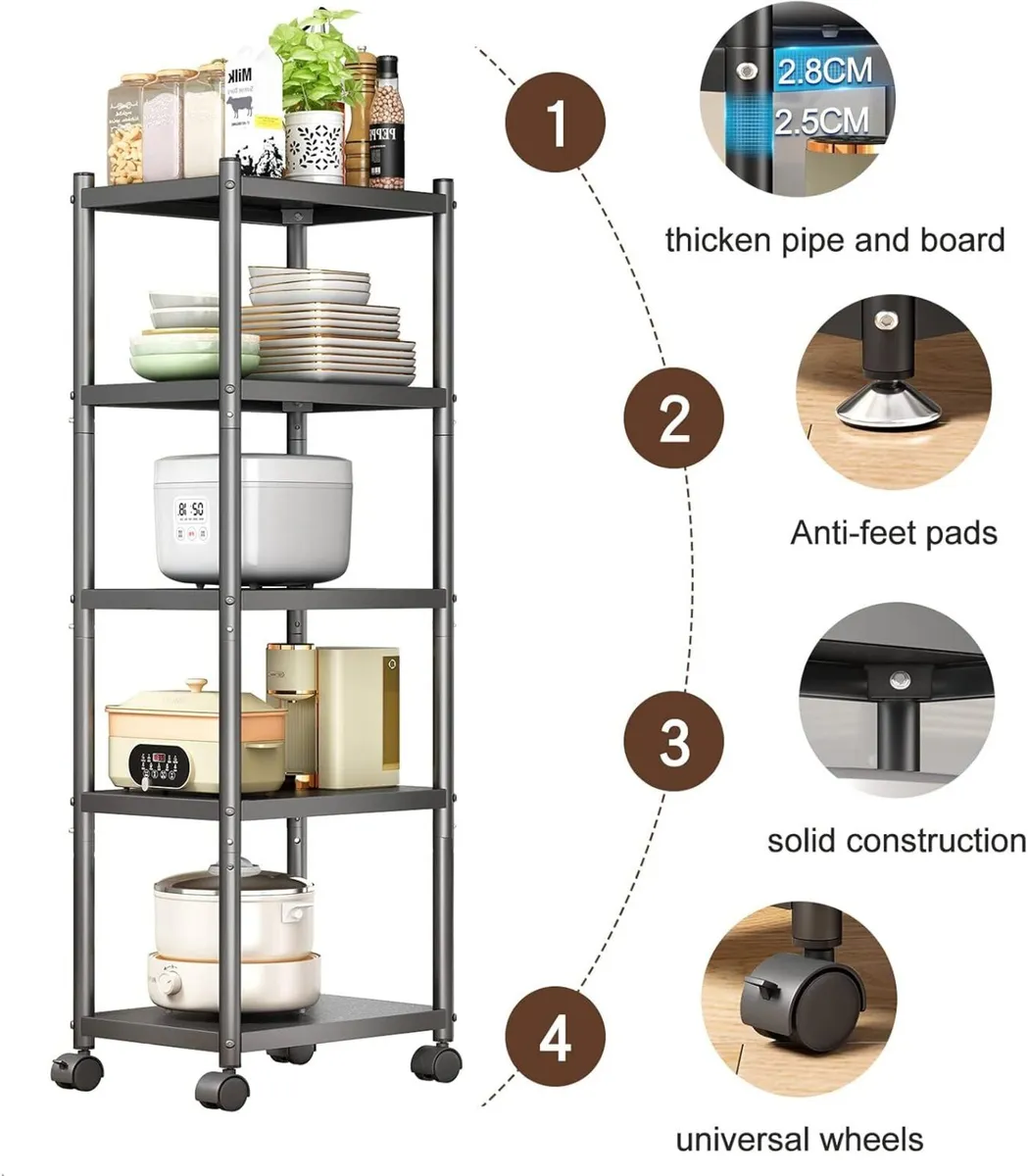 5 Tier Metal Shelving Unit Swivel Wheels - Image 3