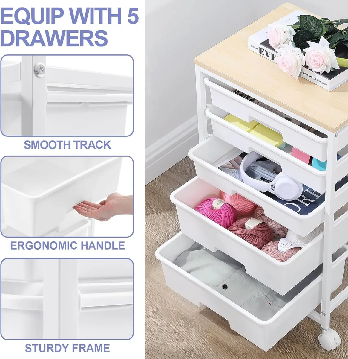 5-Drawer Storage Trolley Rolling Cart - Image 4