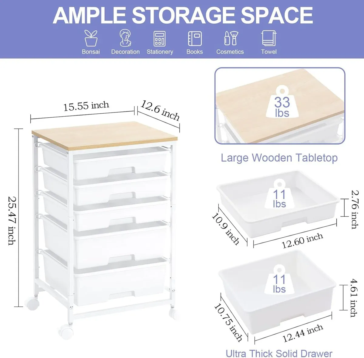 5-Drawer Storage Trolley Rolling Cart - Image 3