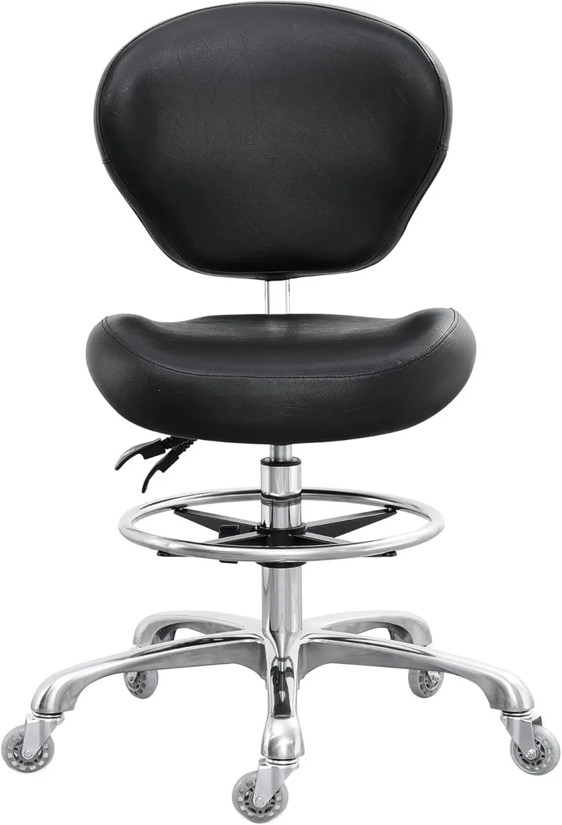 Chair Adjustable Tall Shop Stool Rolling with Back - Image 1