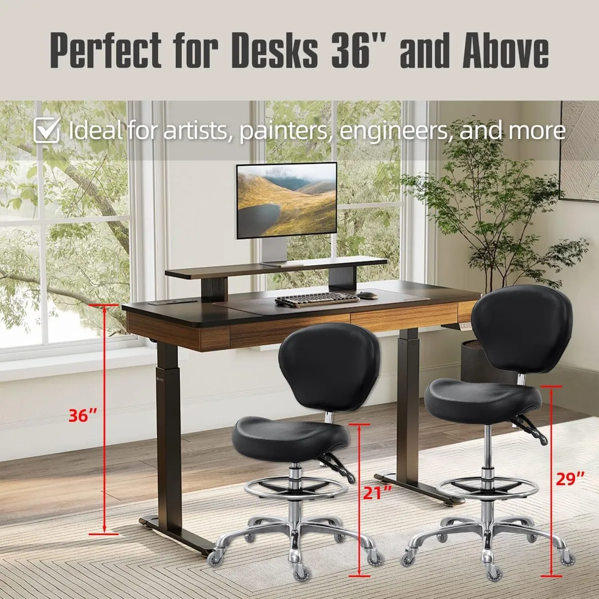 Chair Adjustable Tall Shop Stool Rolling with Back - Image 2