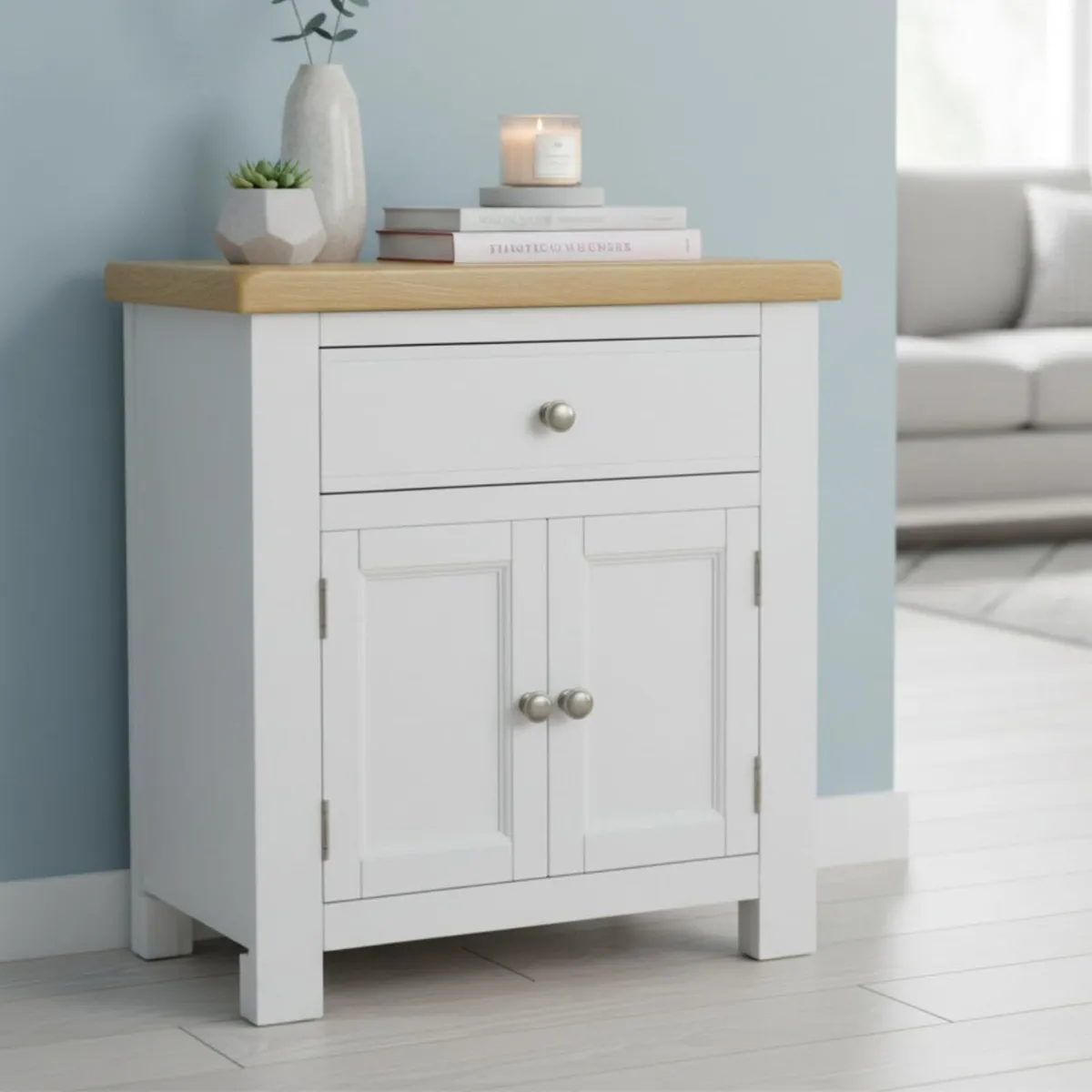 Small Cabinet with Drawer Painted Storage Oak Top - Image 1