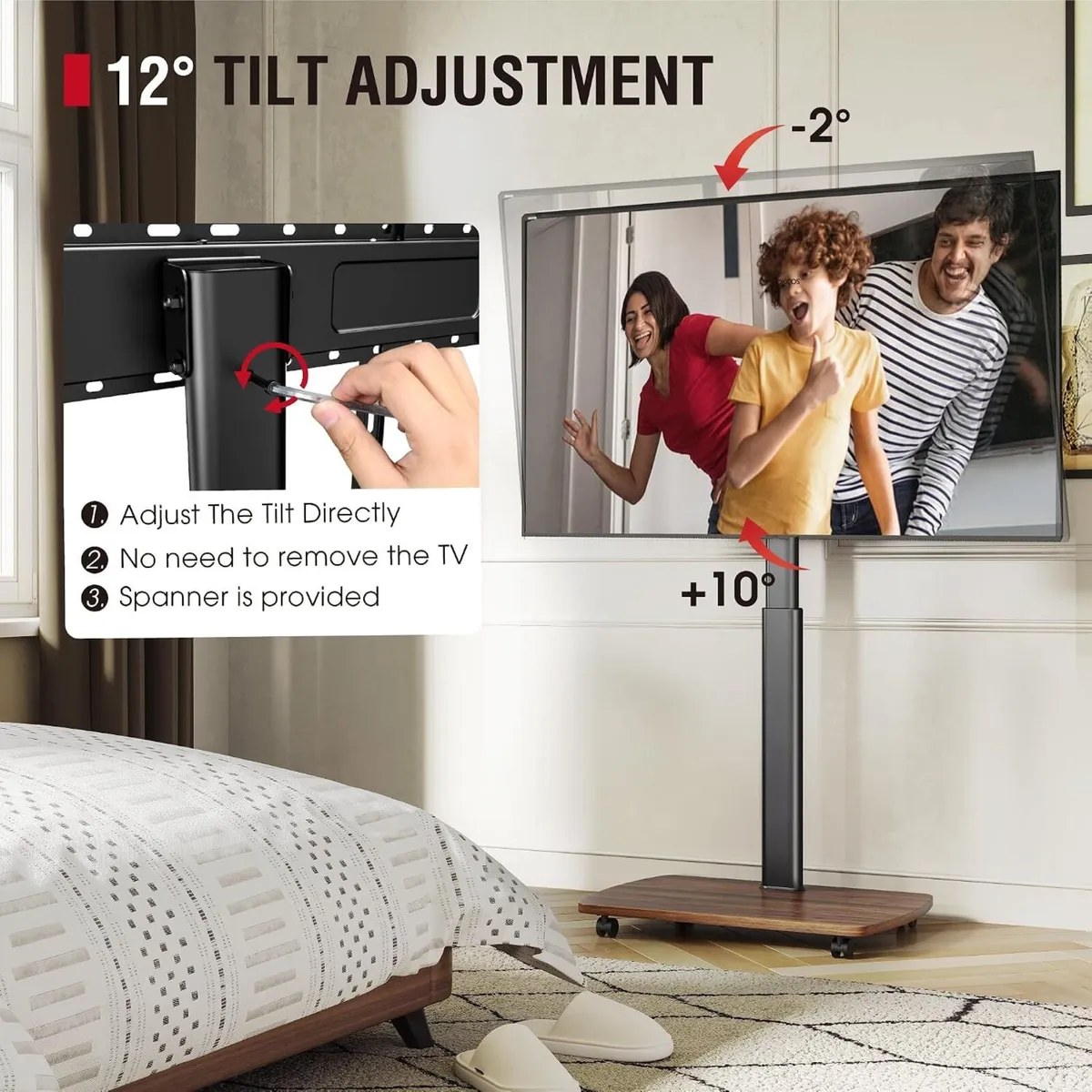 Mobile TV Stand on Wheels with Wooden Base - Image 2
