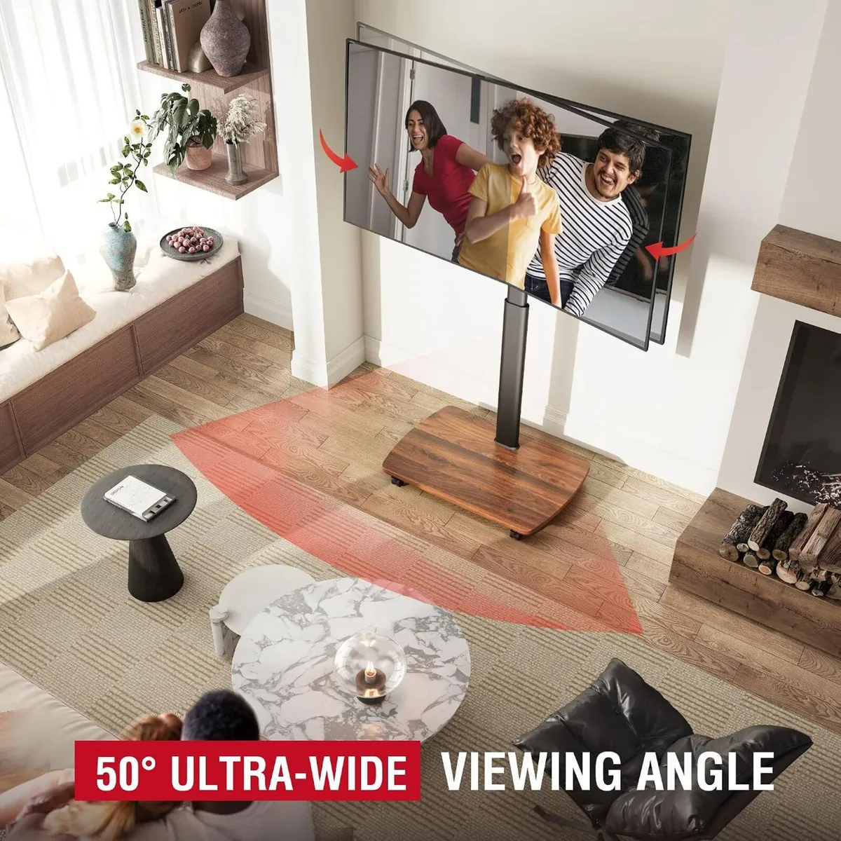 Mobile TV Stand on Wheels with Wooden Base - Image 3
