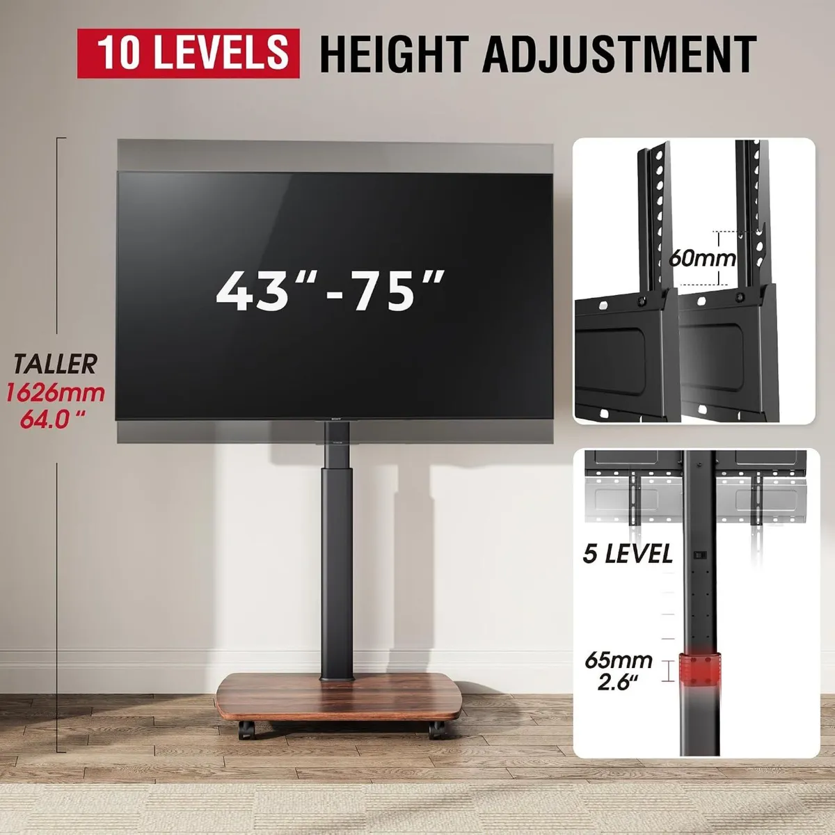 Mobile TV Stand on Wheels with Wooden Base - Image 4