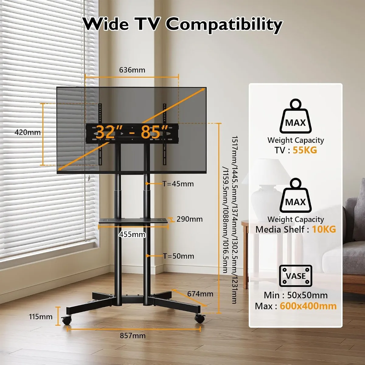 Mobile TV Stand on Wheels Tilt Height Adjustable - Image 2