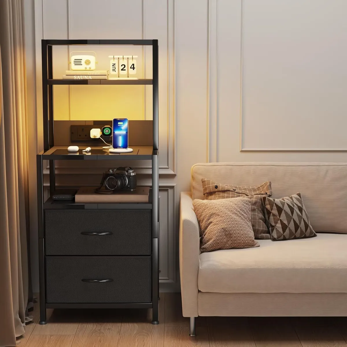 Bedside Table with Charging Station and LED Light - Image 3