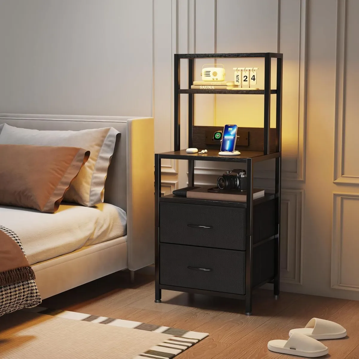 Bedside Table with Charging Station and LED Light - Image 1