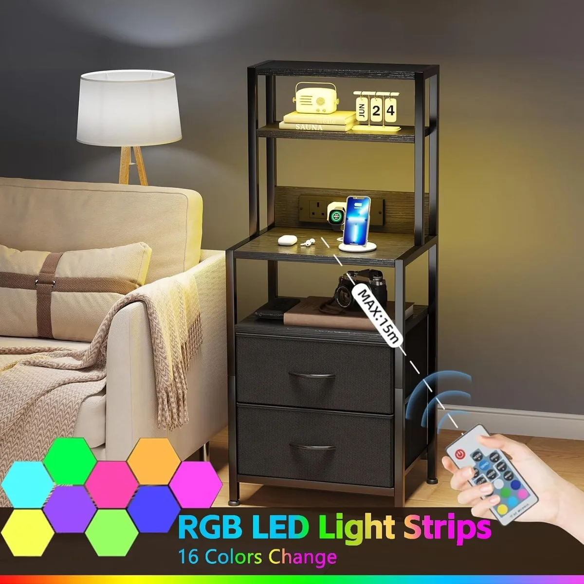 Bedside Table with Charging Station and LED Light - Image 4