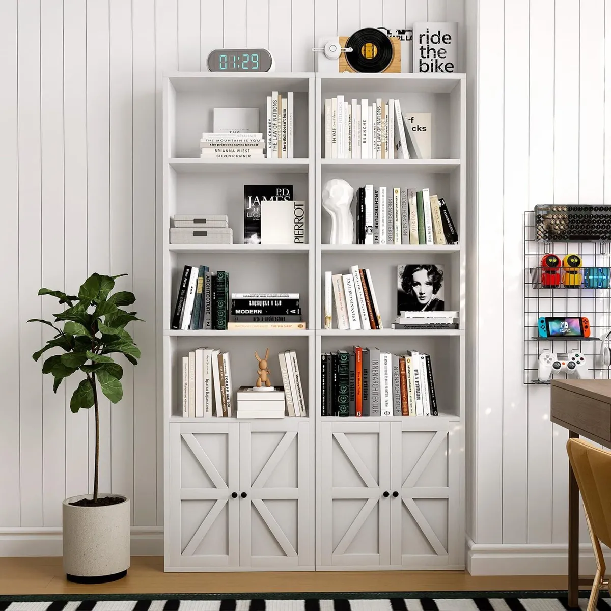 Tall Bookshelf 6 Tier Bookcase with Cabinet Doors - Image 2